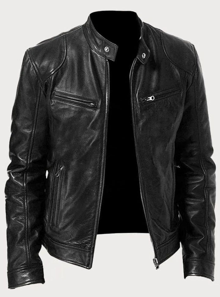 Men's Zip-Up Biker-Style Faux Leather Casual Jacket - Black