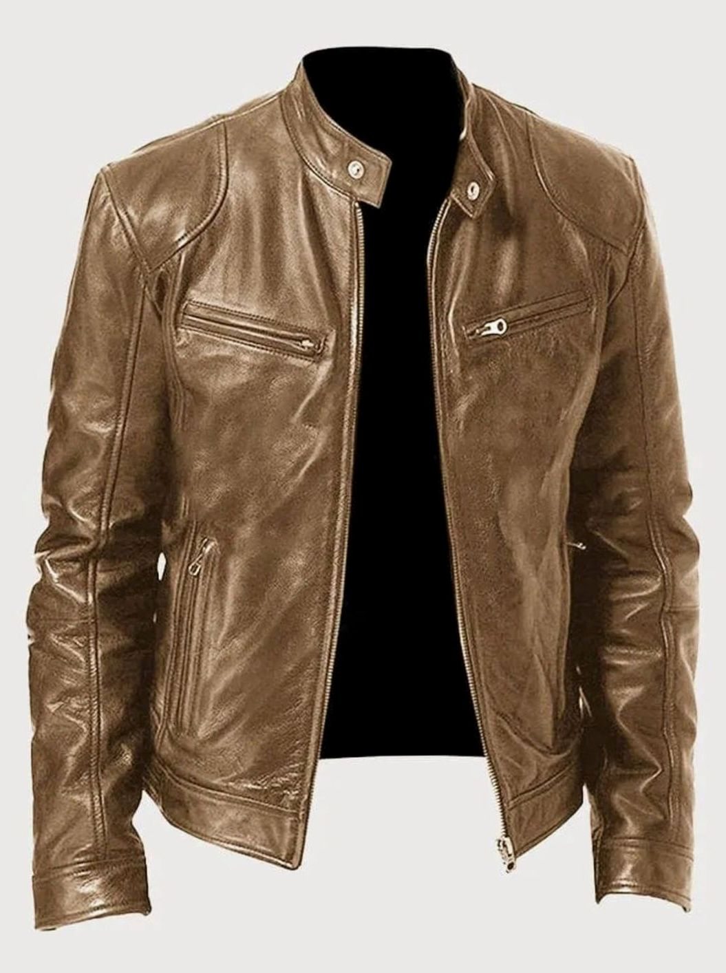 Men's Zip-Up Biker-Style Faux Leather Casual Jacket - Beige
