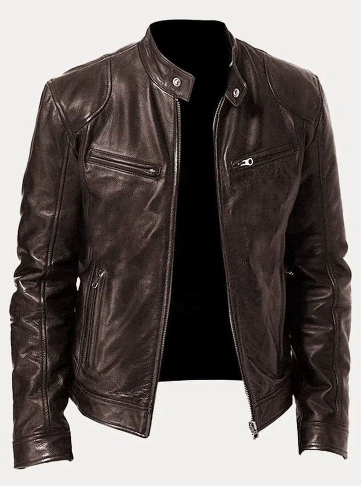 Men's Zip-Up Biker-Style Faux Leather Casual Jacket - Brown