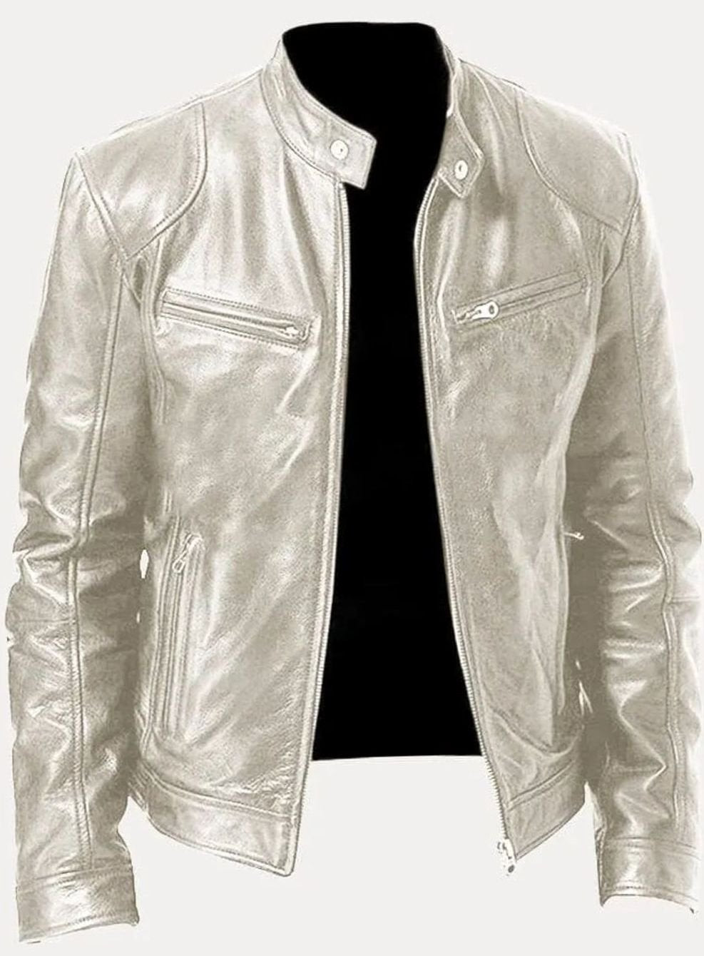 Men's Zip-Up Biker-Style Faux Leather Casual Jacket - Silver