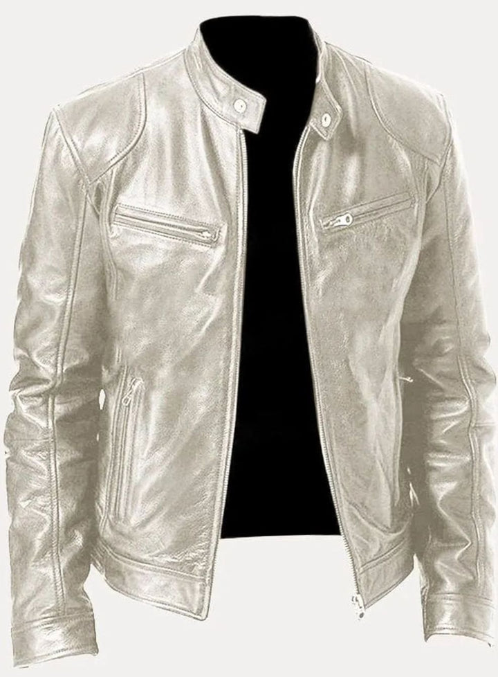 Men's Zip-Up Biker-Style Faux Leather Casual Jacket - Silver