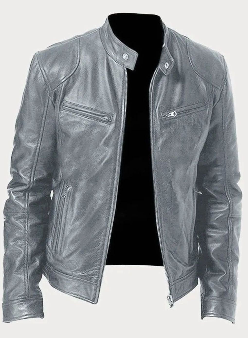 Men's Zip-Up Biker-Style Faux Leather Casual Jacket - Grey