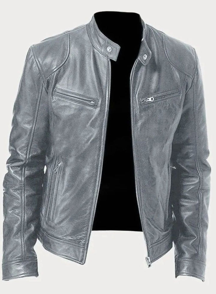 Men's Zip-Up Biker-Style Faux Leather Casual Jacket - Grey