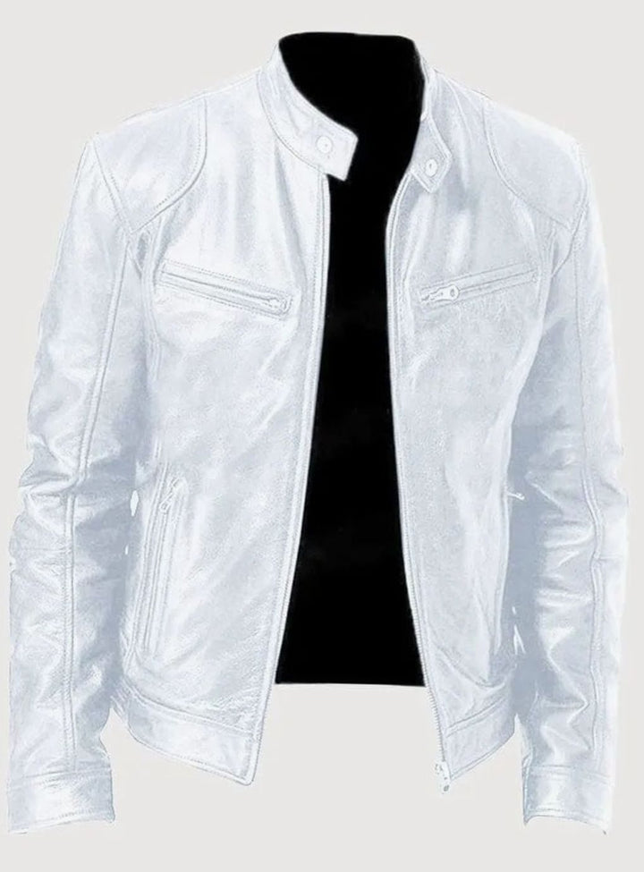 Men's Zip-Up Biker-Style Faux Leather Casual Jacket - White