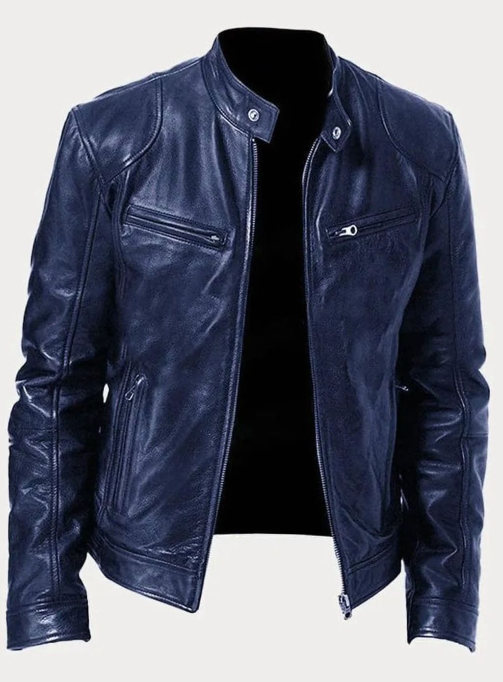 Men's Zip-Up Biker-Style Faux Leather Casual Jacket - Navy