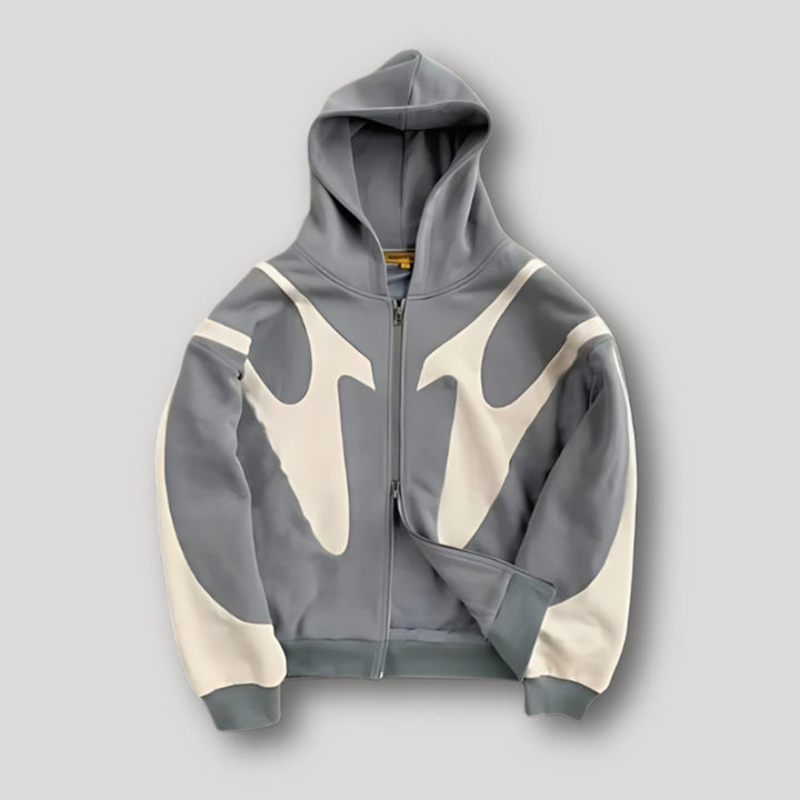 Men's Zip-Up Contrast Panel Graphic Hoodie - Grey