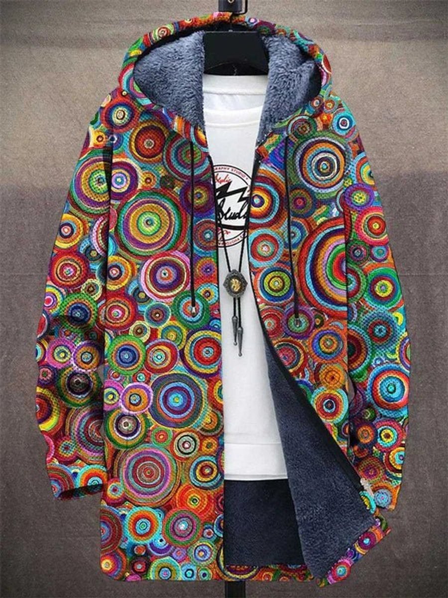 Unisex Fleece-Lined Psychedelic Circle-Print Zip-Up Hooded Jacket