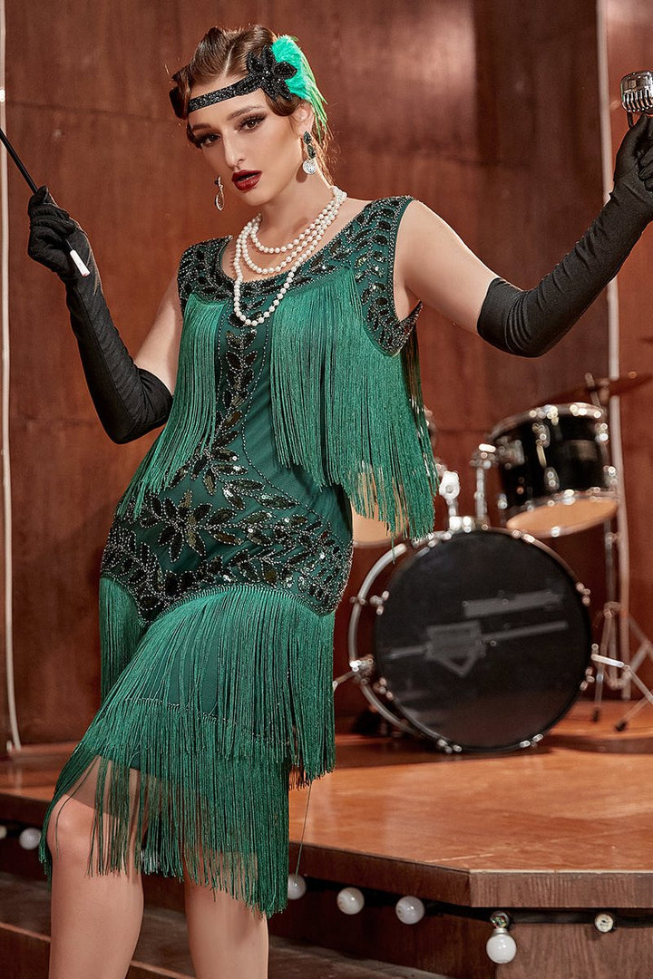 Women's 1920s Sequin Fringe Cocktail Party Dress Flapper Style