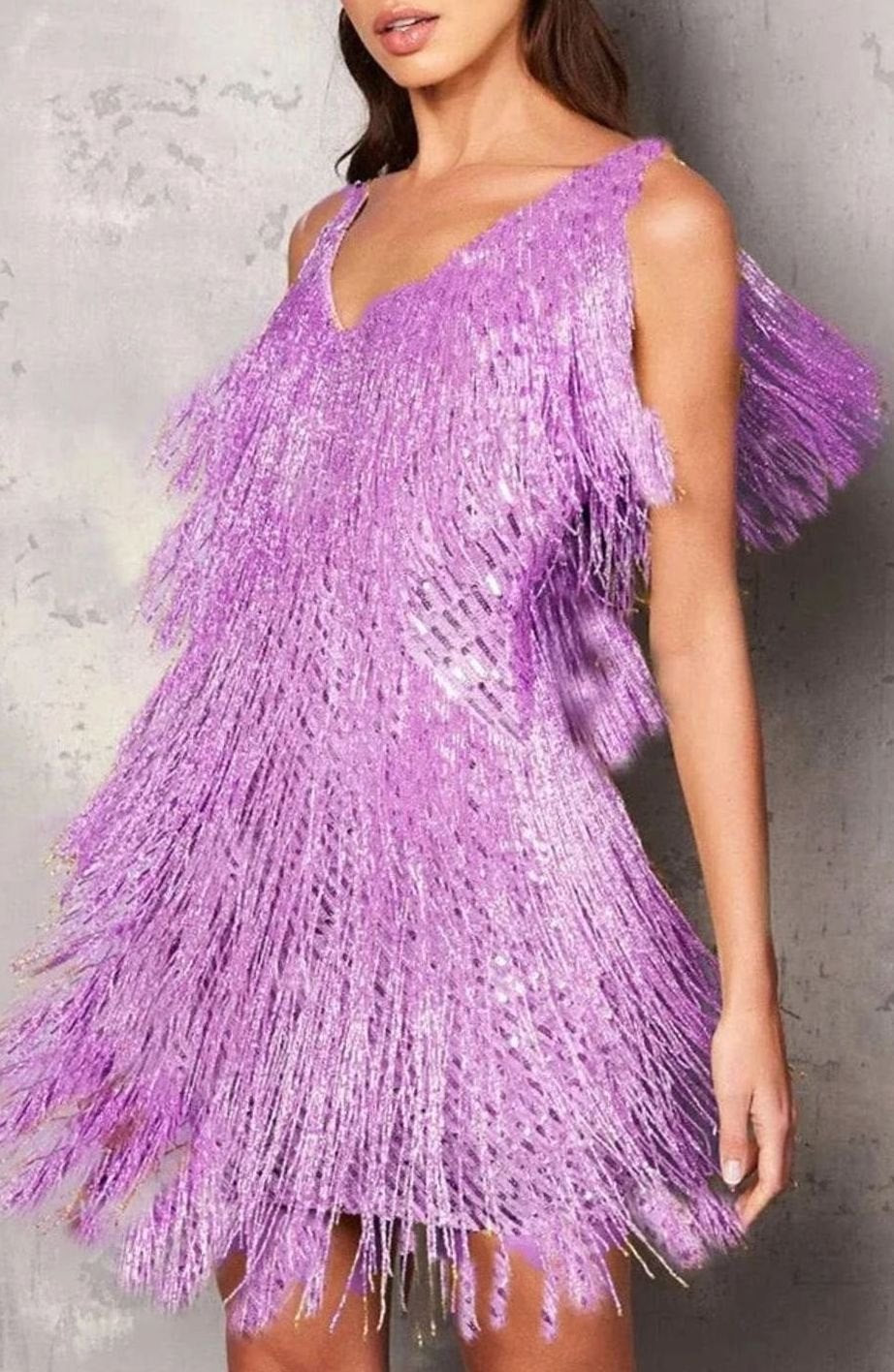 Women's A-Line V-Neck Sequin Fringe Cocktail Dress - Purple