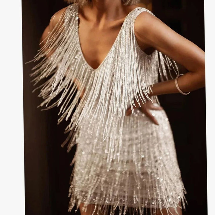 Women's A-Line V-Neck Sequin Fringe Cocktail Dress - Silver