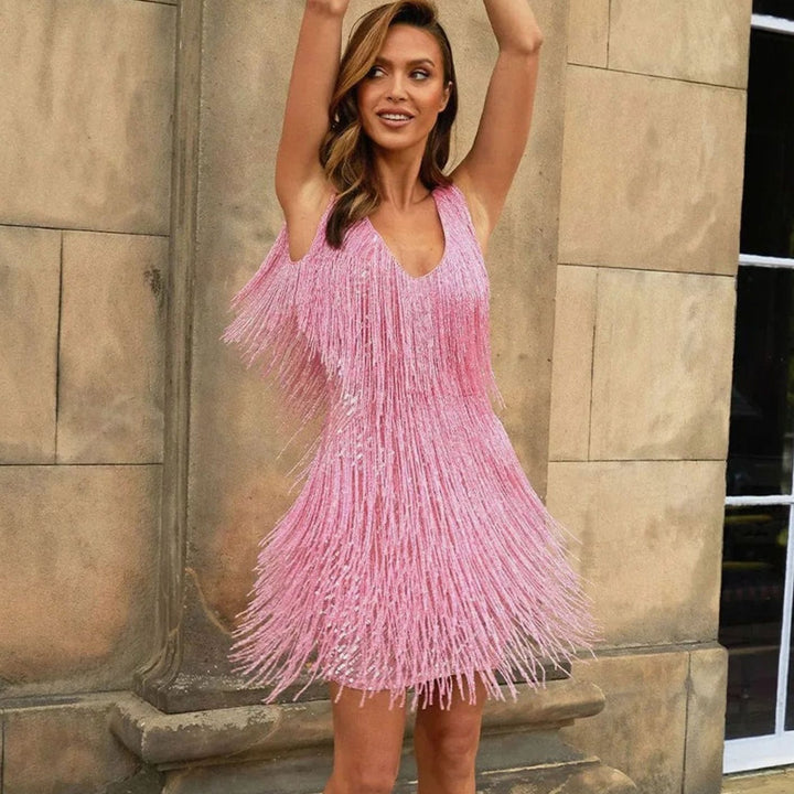 Women's A-Line V-Neck Sequin Fringe Cocktail Dress - Pink