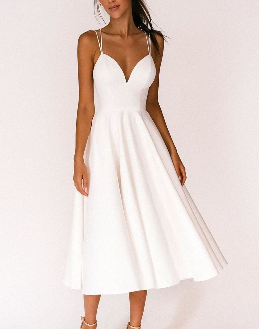 Women's A-Line V-Neck Spaghetti Strap Midi Wedding Guest Dress