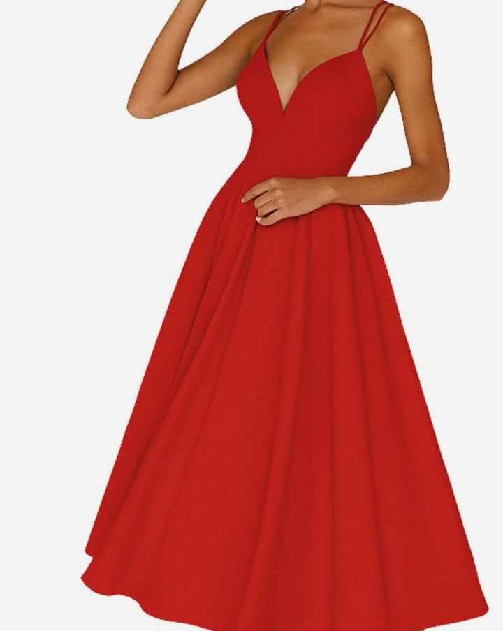 Women's A-Line V-Neck Spaghetti Strap Midi Wedding Guest Dress