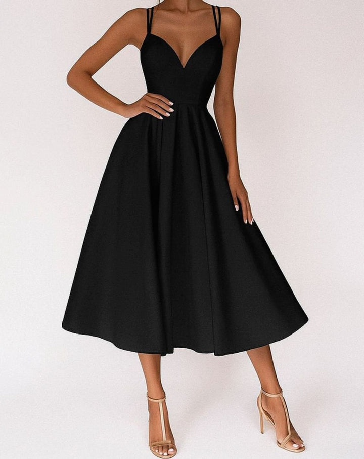 Women's A-Line V-Neck Spaghetti Strap Midi Wedding Guest Dress