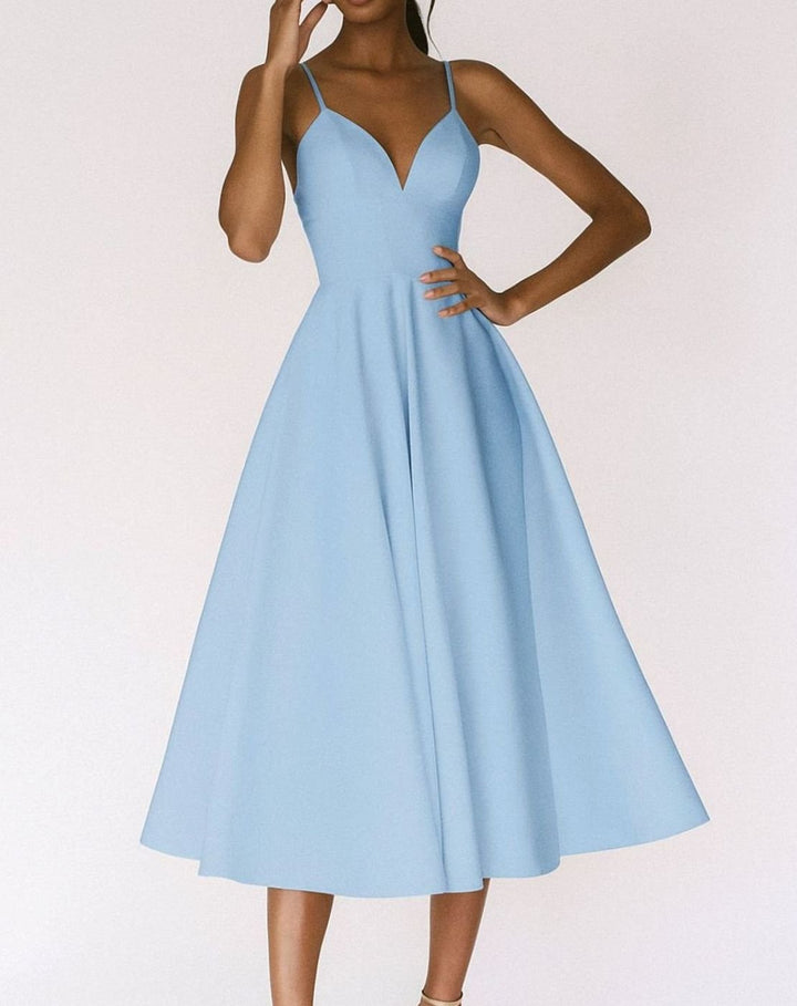 Women's A-Line V-Neck Spaghetti Strap Midi Wedding Guest Dress