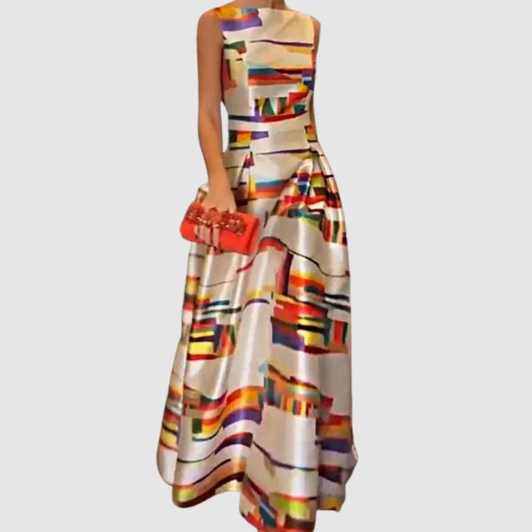 Women's Abstract Print Sleeveless Satin A-Line Maxi Dress