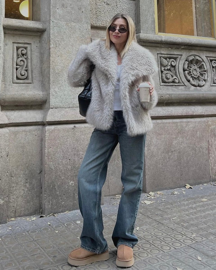 Women's Animal Print Fluffy Faux Fur Coat Winter Jacket