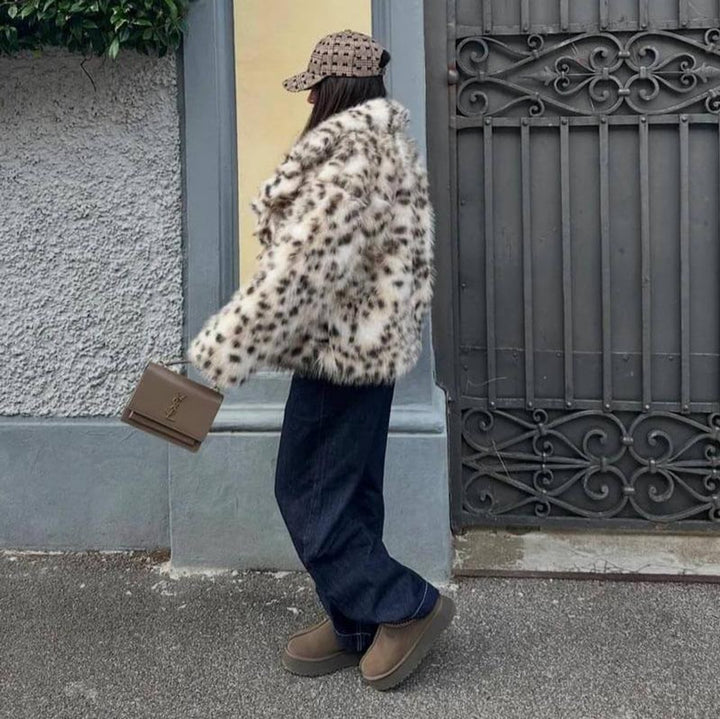 Women's Animal Print Fluffy Faux Fur Coat Winter Jacket
