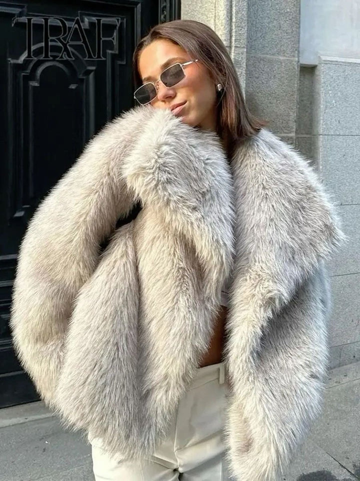 Women's Animal Print Fluffy Faux Fur Coat Winter Jacket