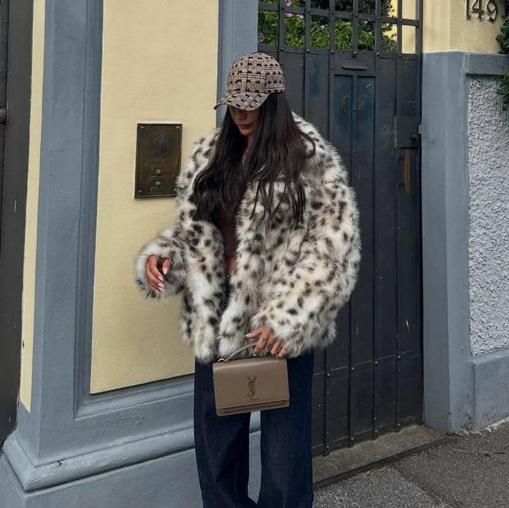 Women's Animal Print Fluffy Faux Fur Coat Winter Jacket