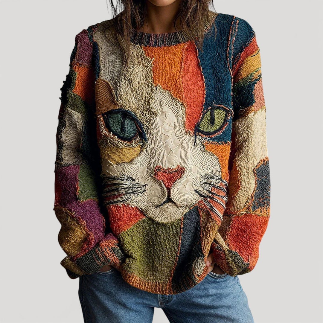 Women's Artistic Cat Print Knitted Sweater Relaxed Fit Jumper