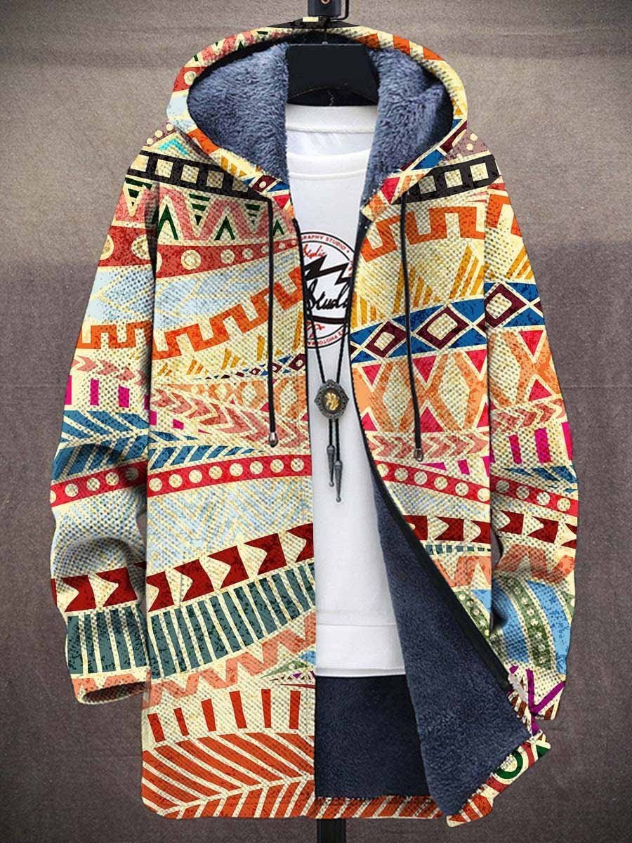 Women's Aztec Fleece-Lined Zip-Up Hooded Knitted Sweater Cardigan