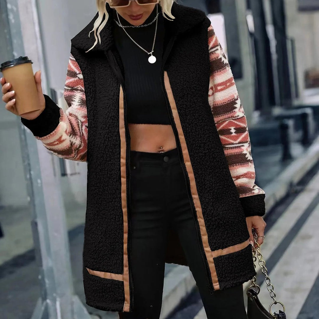 Women's Aztec-Sleeve Sherpa Zip-Up Faux Fur Coat