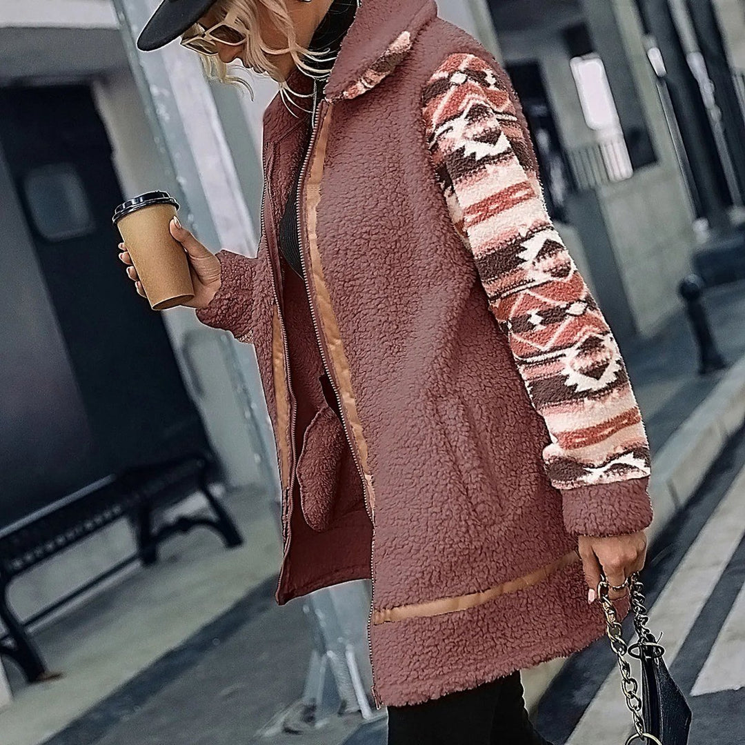 Women's Aztec-Sleeve Sherpa Zip-Up Faux Fur Coat