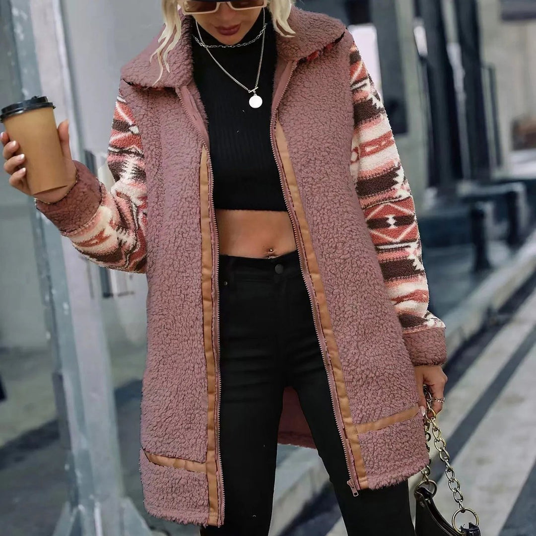 Women's Aztec-Sleeve Sherpa Zip-Up Faux Fur Coat