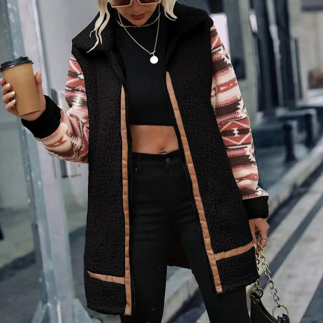 Women's Aztec-Sleeve Sherpa Zip-Up Faux Fur Coat
