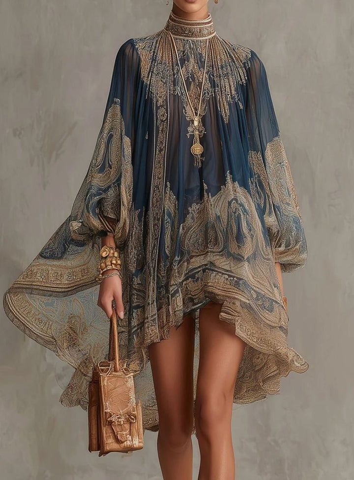 Women's Baroque Chiffon High-Neck Asymmetric Flowy Sleeve Dress