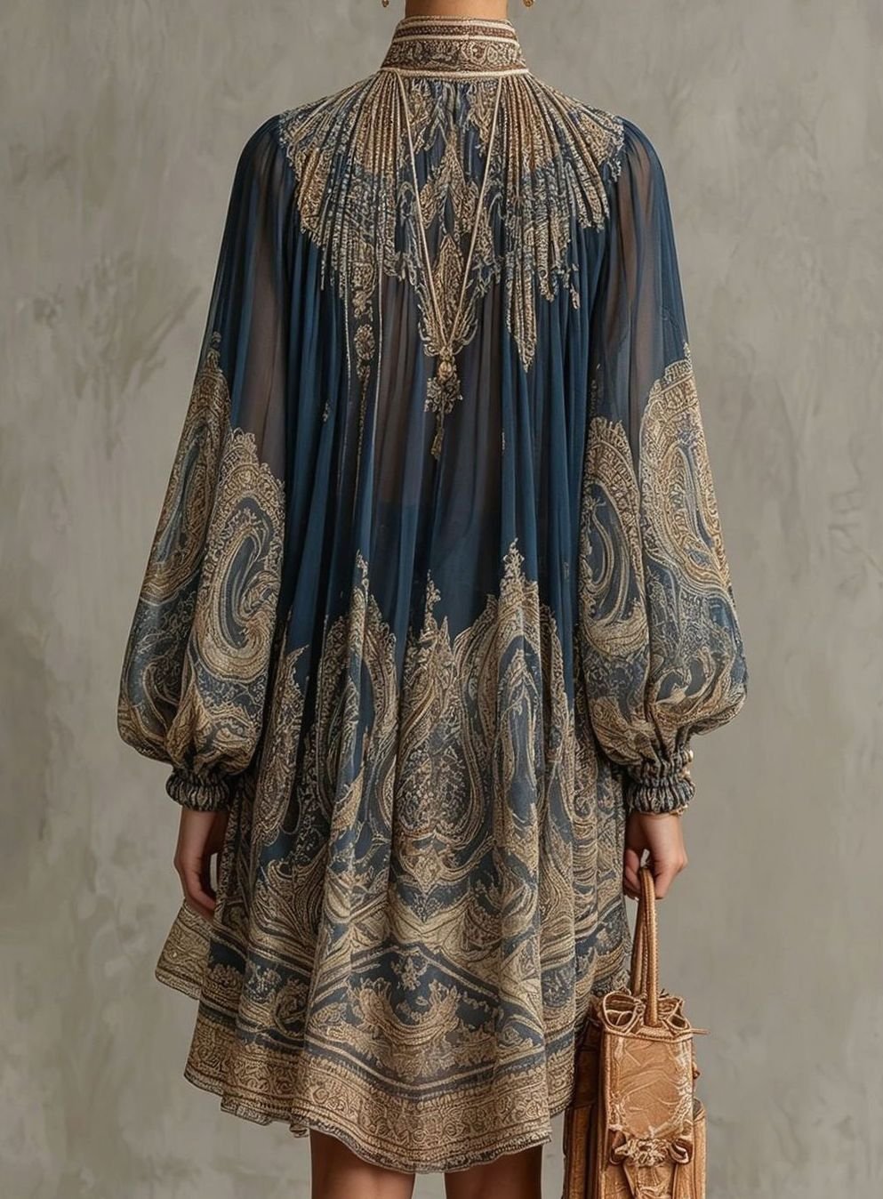 Women's Baroque Chiffon High-Neck Asymmetric Flowy Sleeve Dress