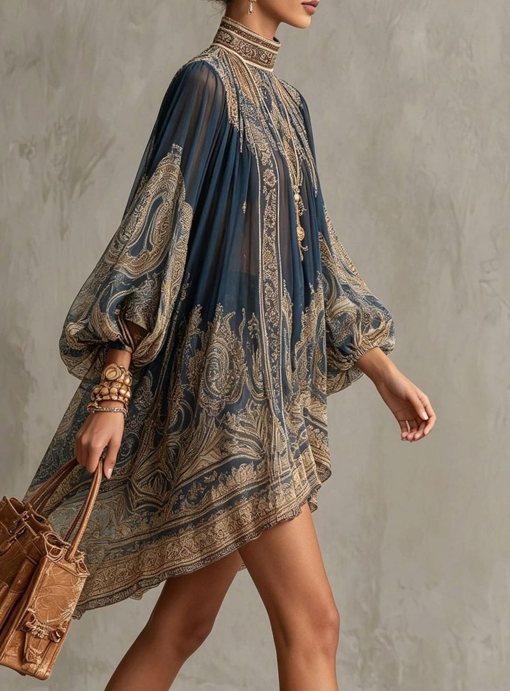 Women's Baroque Chiffon High-Neck Asymmetric Flowy Sleeve Dress