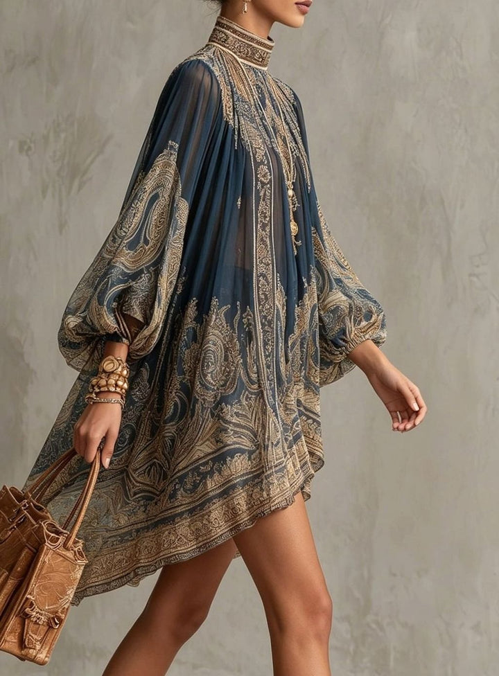 Women's Baroque Chiffon High-Neck Asymmetric Flowy Sleeve Dress