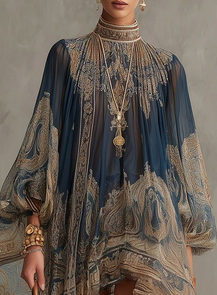 Women's Baroque Chiffon High-Neck Asymmetric Flowy Sleeve Dress