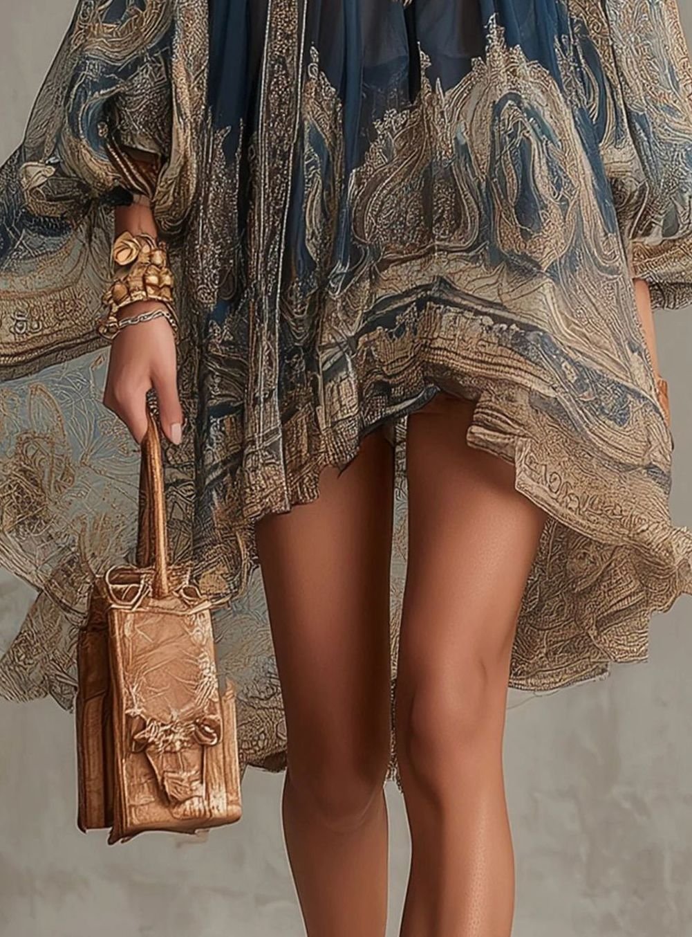 Women's Baroque Chiffon High-Neck Asymmetric Flowy Sleeve Dress