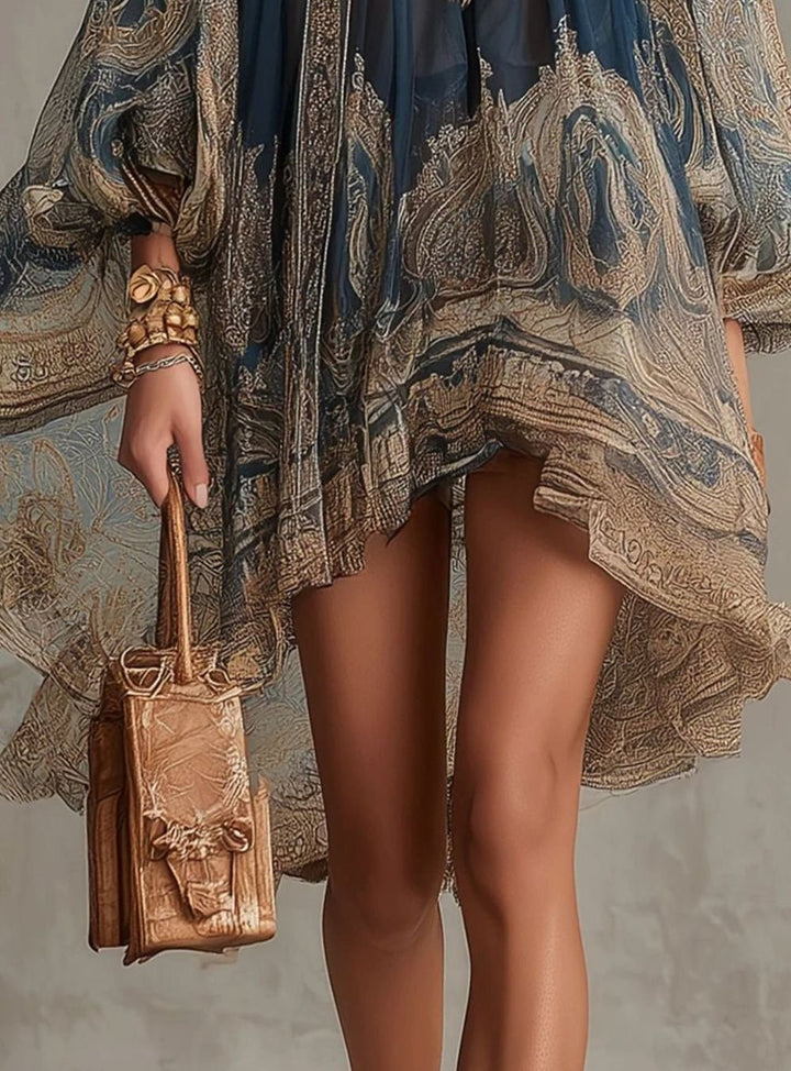 Women's Baroque Chiffon High-Neck Asymmetric Flowy Sleeve Dress