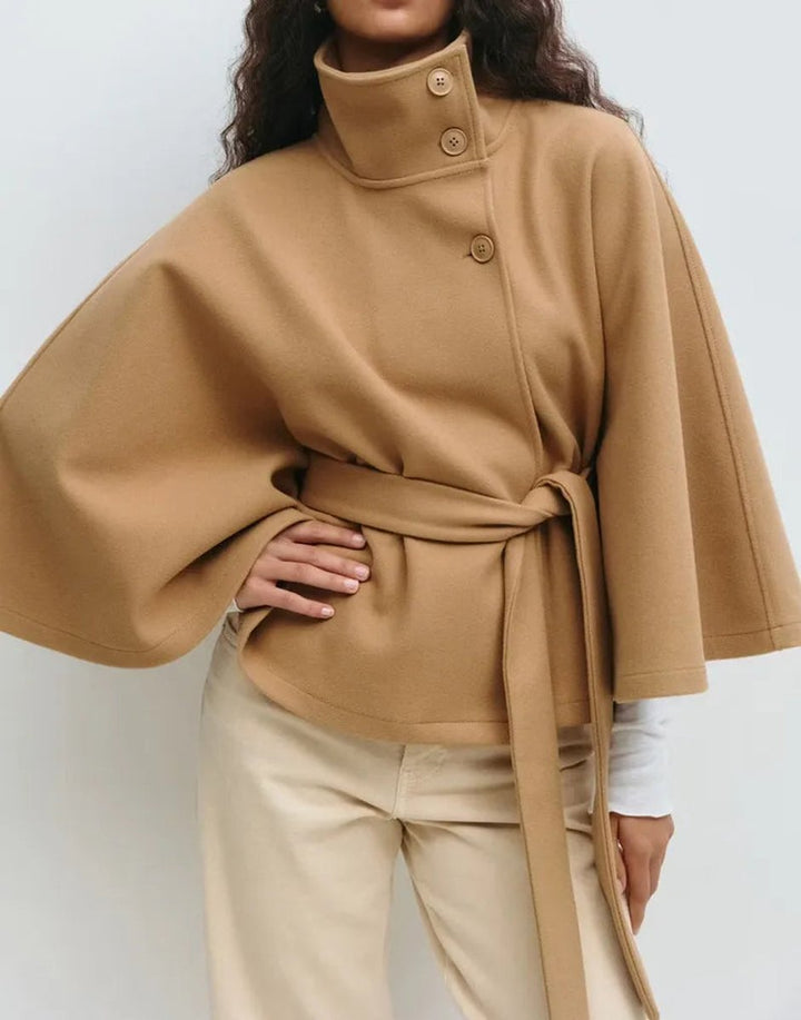 Women's Belted Funnel-Neck Short Cape Coat