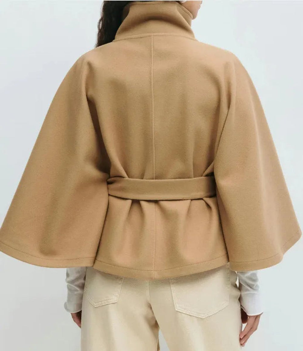 Women's Belted Funnel-Neck Short Cape Coat
