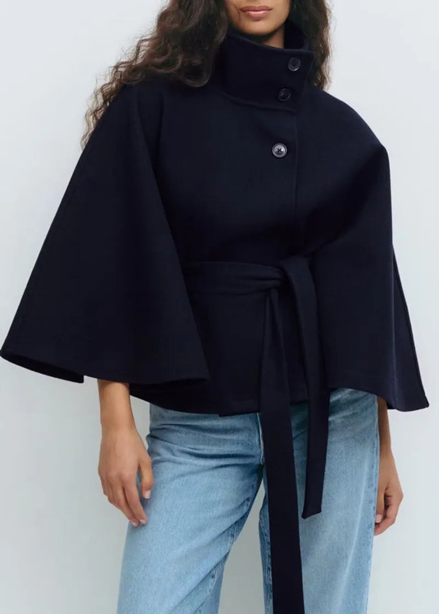 Women's Belted Funnel-Neck Short Cape Coat