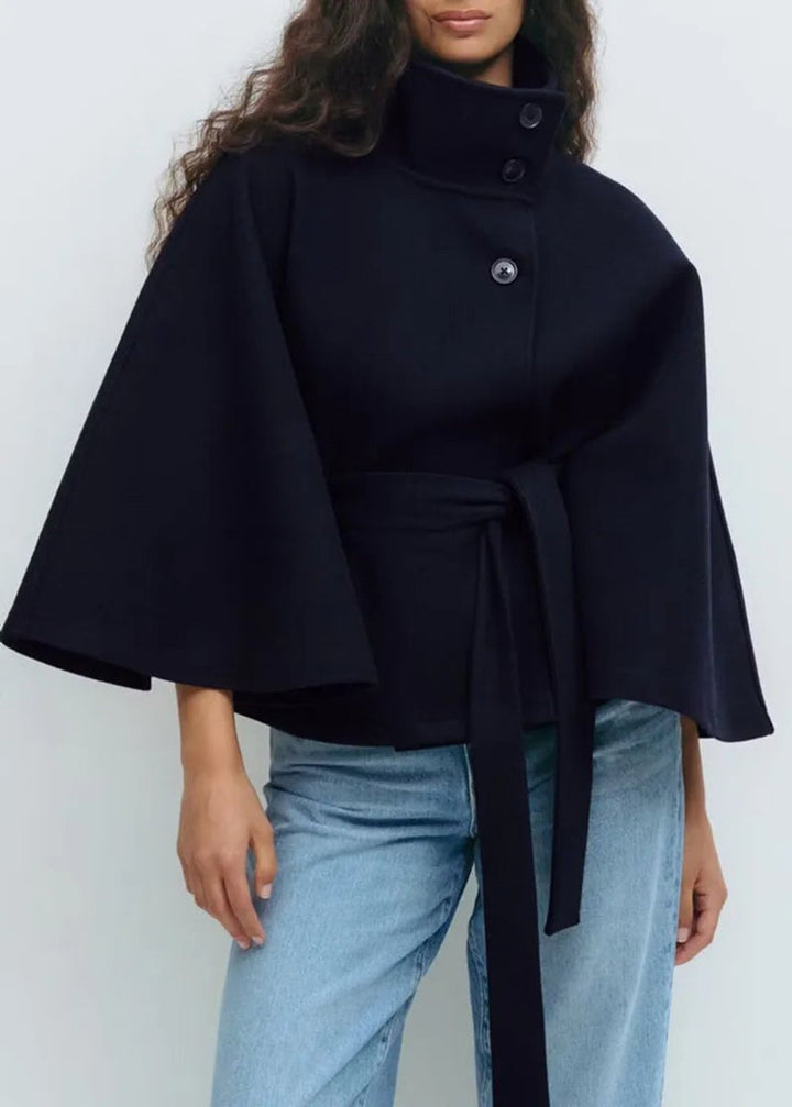 Women's Belted Funnel-Neck Short Cape Coat