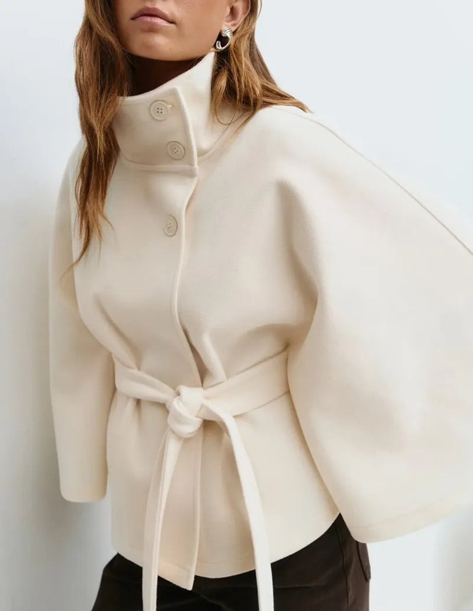 Women's Belted Funnel-Neck Short Cape Coat