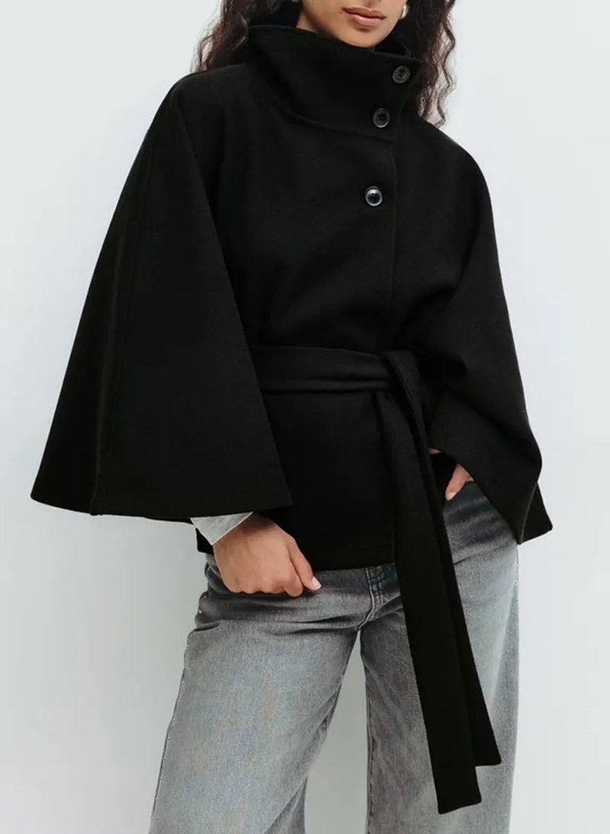 Women's Belted Funnel-Neck Short Cape Coat
