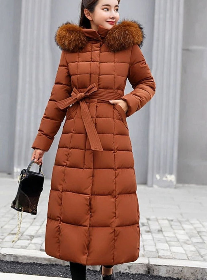 Women's Belted Long Quilted Hooded Puffer Coat Faux Fur Trim - Caramel