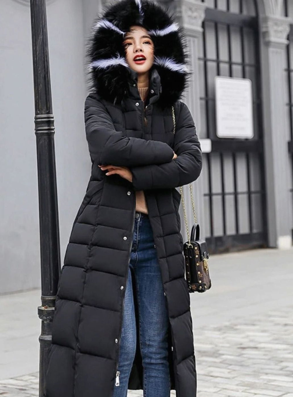 Women's Belted Long Quilted Hooded Puffer Coat Faux Fur Trim - Black