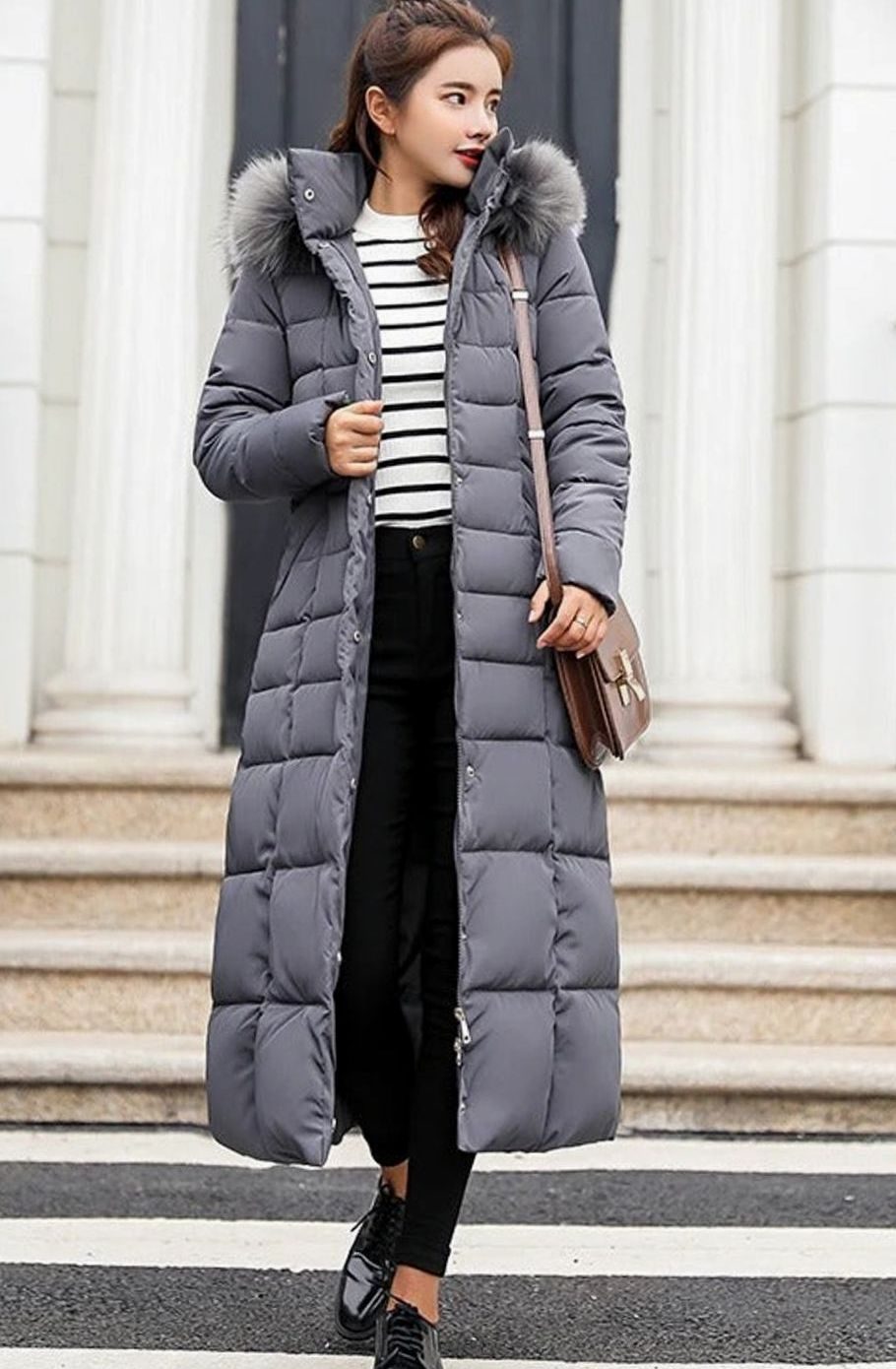 Women's Belted Long Quilted Hooded Puffer Coat Faux Fur Trim - Dark Grey