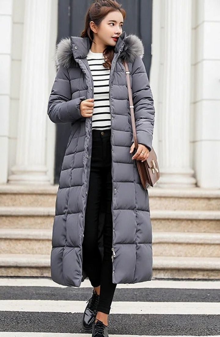 Women's Belted Long Quilted Hooded Puffer Coat Faux Fur Trim - Dark Grey