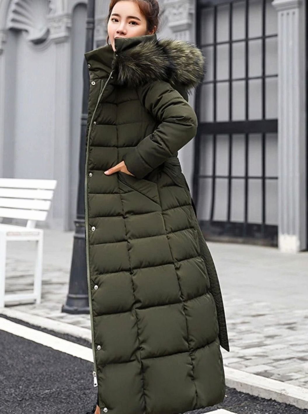 Women's Belted Long Quilted Hooded Puffer Coat Faux Fur Trim - Army Green