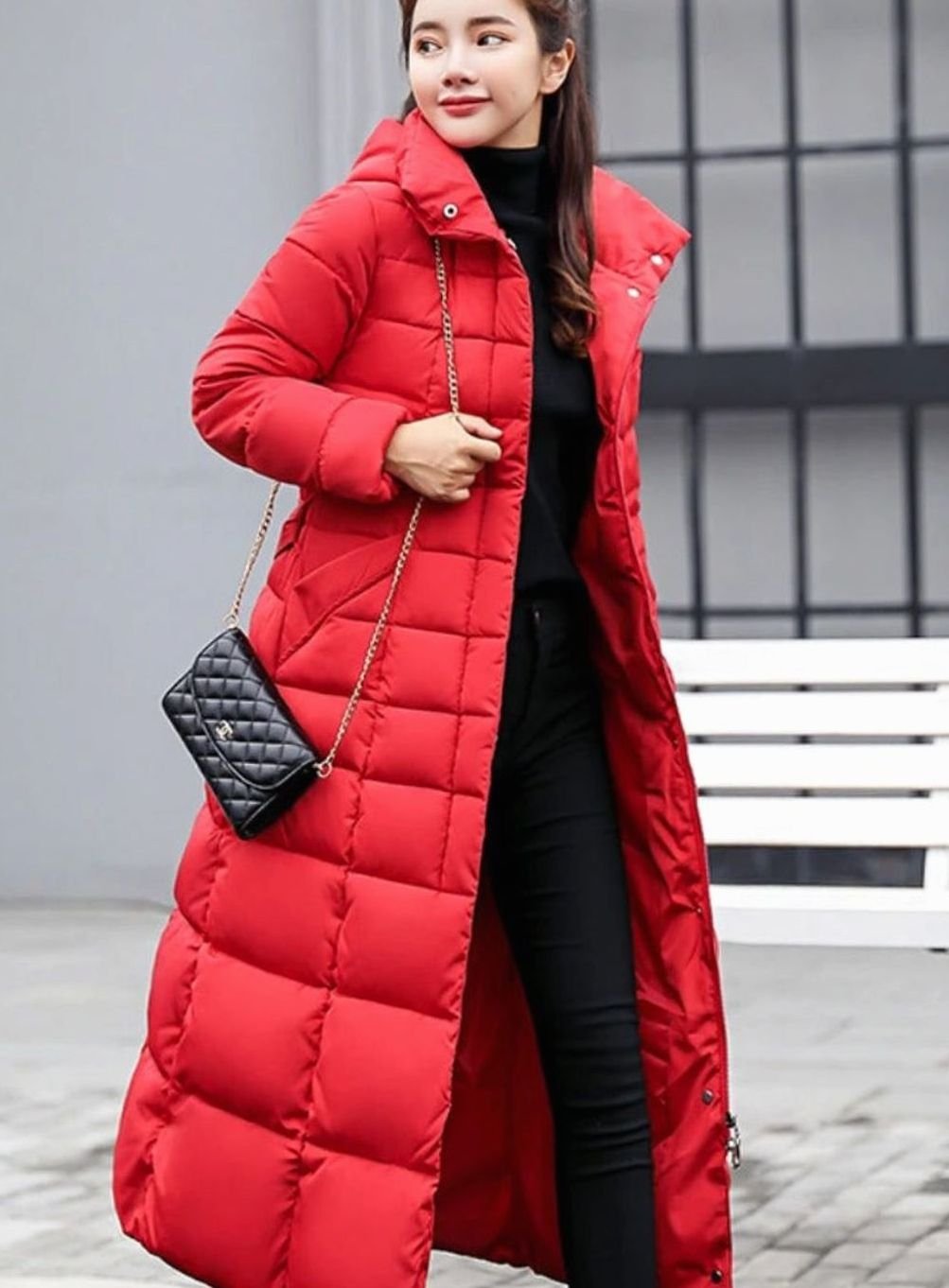 Women's Belted Long Quilted Hooded Puffer Coat Faux Fur Trim - Red