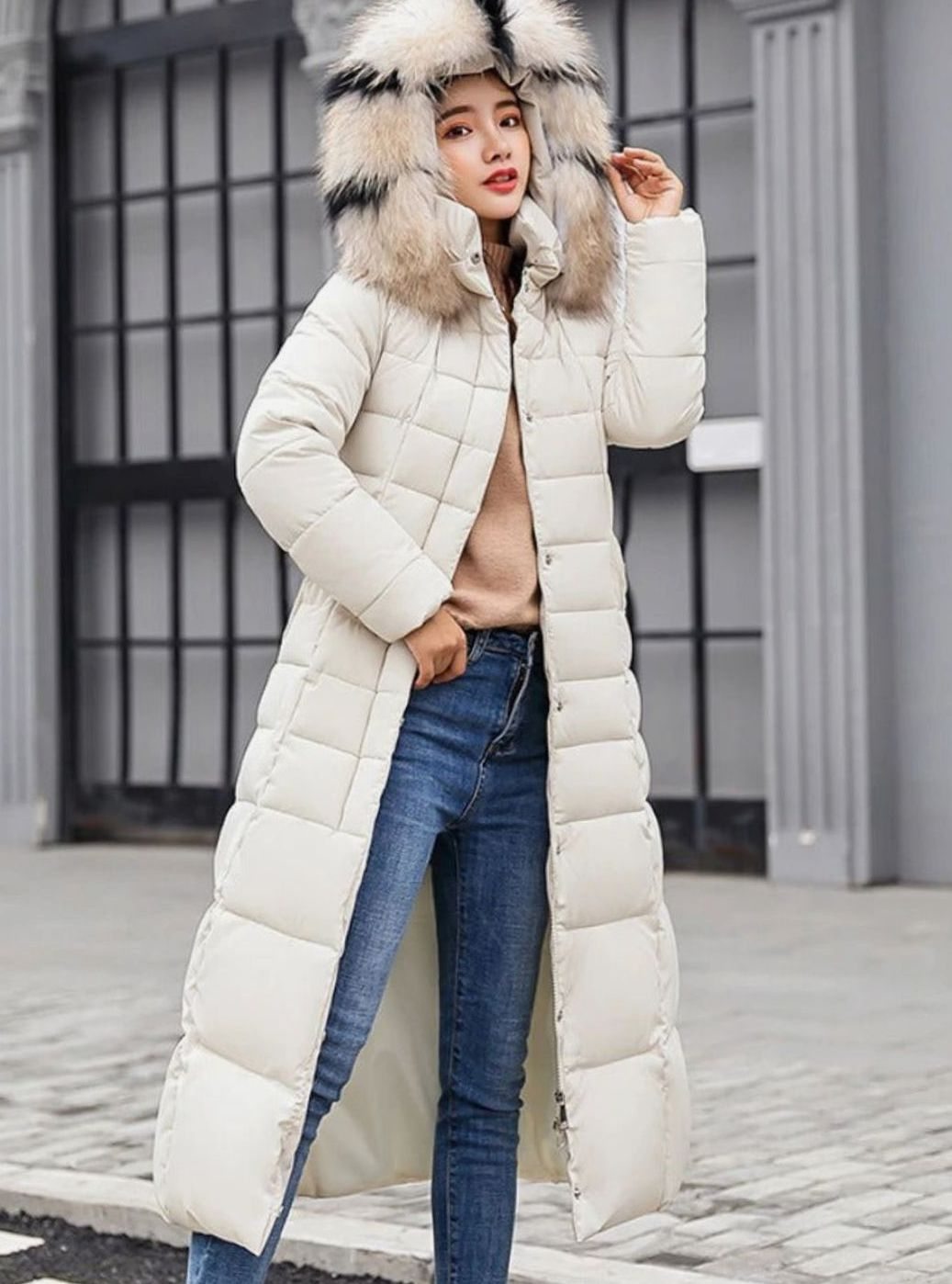 Women's Belted Long Quilted Hooded Puffer Coat Faux Fur Trim - Off White